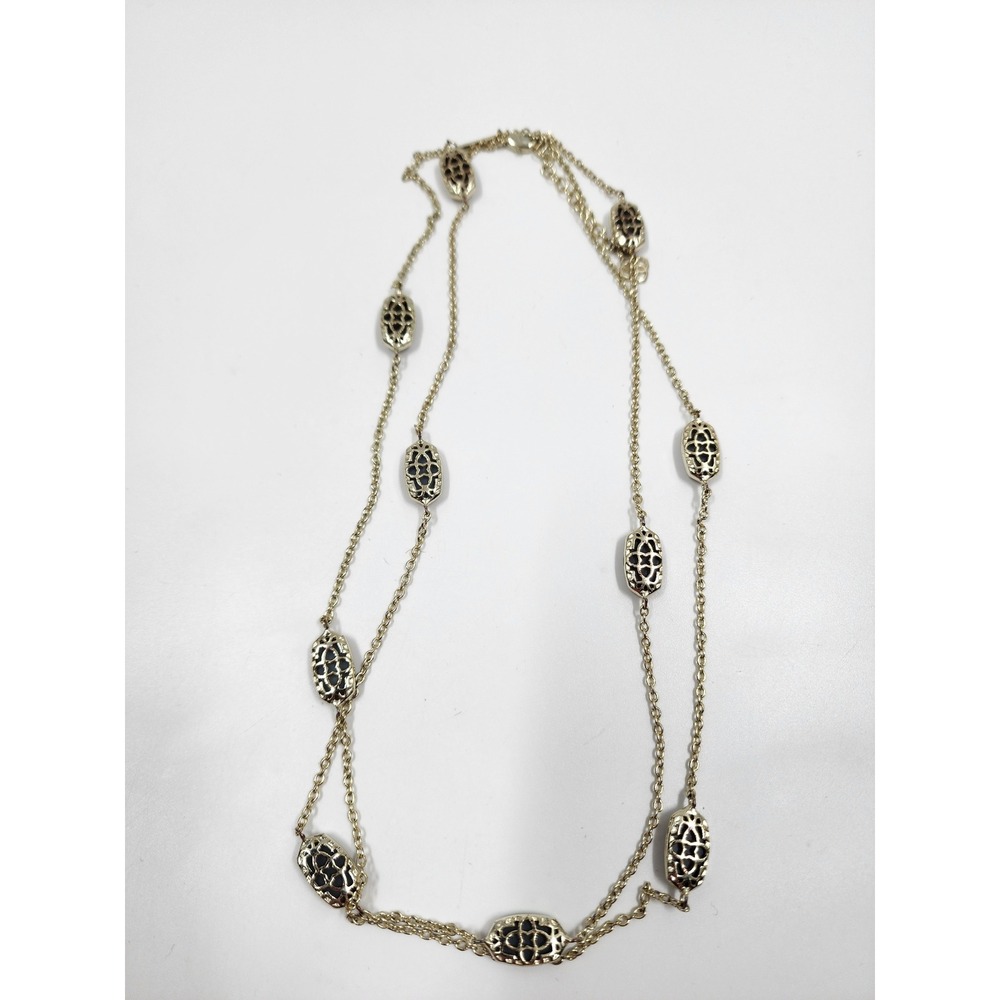 Kendra Scott Black Drusy Elisa Station Long Necklace Gold Tone Filigree - Picture 2 of 6